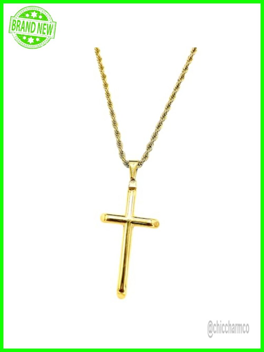 24K Gold Plated Rope Chain Cross Pendant Necklace for Men Women Teens